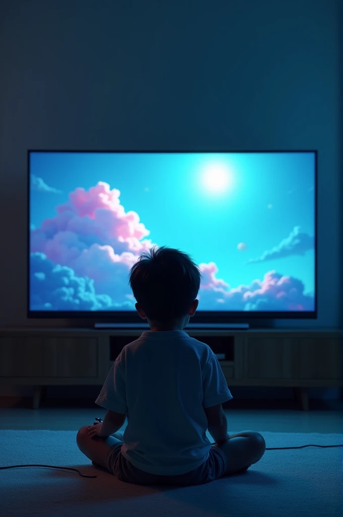 I want a photo that shows a big TV and a child playing video games but the TV has to be alone and complete