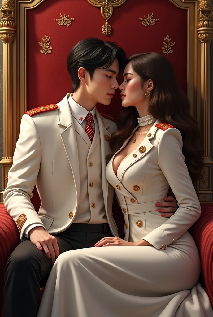 Two people 1 Neels Visser is a prince with golden blond hair, Wearing medieval military uniform，Falling in Love with Commoners 2 Lily Collins, Who has black curly hair，wearing a red dress, The two kissed very passionately, Illustration of romantic book cover，Detailed description, Smooth, Bright background full of flowers, Artwork by Greg Hildebrandt, Citemer Liu, Stepan Sejik, Samyang, Aikut Edodu, Justin Gerrard, Alphonse Mucha, type germ, Wallop, and Greg Rutkoski