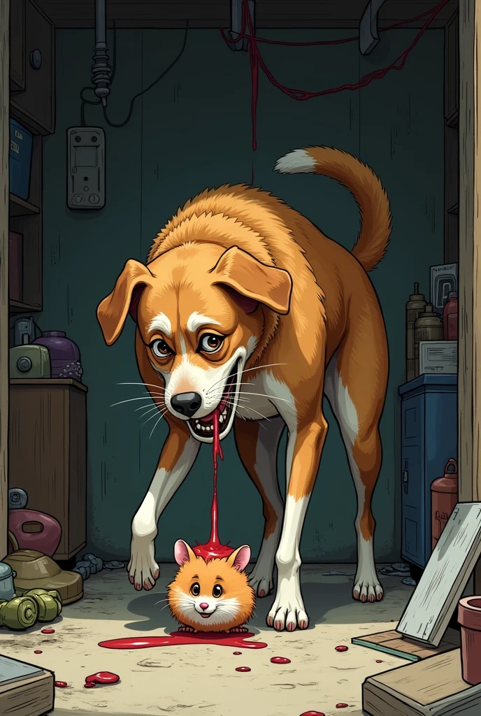 A dog is peeing on a hamster who is shivering in fear.