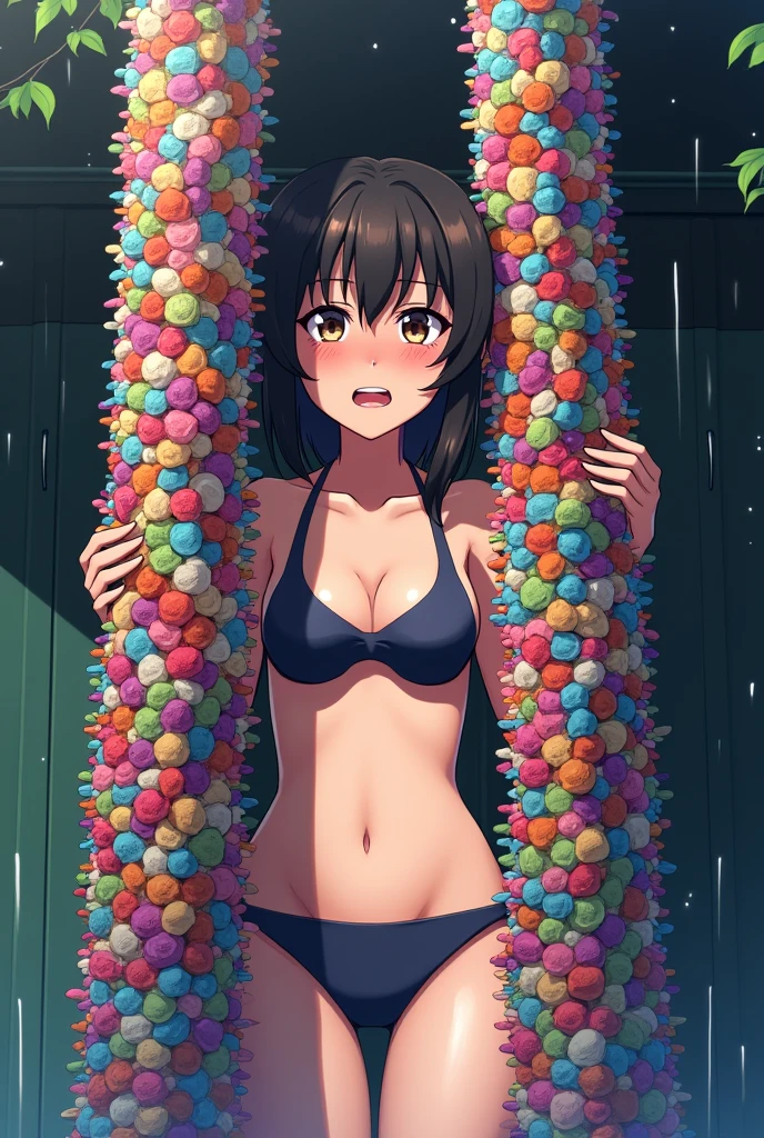 High resolution, Blushing, Crying face、despair、Highest quality, Anatomically correct, Character portrait, Swimwear、anime, Two large, thick, vertical poles densely covered with colorful, tufted fine hair、 It has a large, wide pole on its head that is densely covered with colorful, tufted hair.、Being pinched and crushed、Similar to a thick cup brush、They are lined up without any gaps.、The girl is sandwiched between a thick pole that is densely covered with colorful, tufted, fine hair.、Close tightly、The girl can be seen through the gaps in her colorful, tufted hair.、The girl is sandwiched between a thick pole that is densely covered with colorful, tufted, fine hair.、whole body、Angle of view、After the brush、water droplets、Wide angle、Overall image