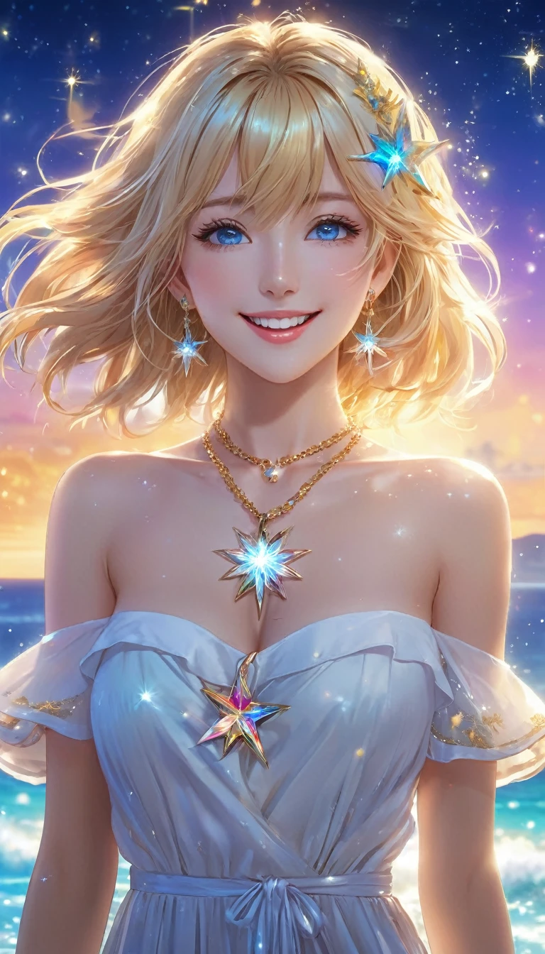 (masterpiece、Highest quality、8k、High resolution)、Best Style、(The most beautiful girl in anime)、(Clear skin、Clean blue eyes、Beautiful lips、Beautiful nose)、smile、Beautiful white upper teeth、Blonde Hair、Ample breasts、Walking on the beach、Palm tree、Beautiful starry sky、milky way、(Body、whole bodyからMystical particles of light、Mystical particles of light、Mystical particles of light、Colorful Light、Vibrant colors)、The area around the head is brightly lit with a mysterious light.、Vibrant colors、(jewelry、necklace)、dress、(whole body)、Highly detailed anime art、A complete portrayal、