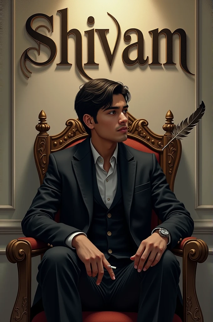 A boy named shivam is holding a cigarette in his hand sitting on a throne wearing black jacket and behind is wall with written shivam in stylish writing with feather