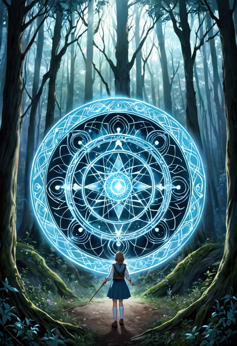 Magic School Girl　A complex light blue magic circle emerges from the wand in the forest.　high resolution　Cool look　