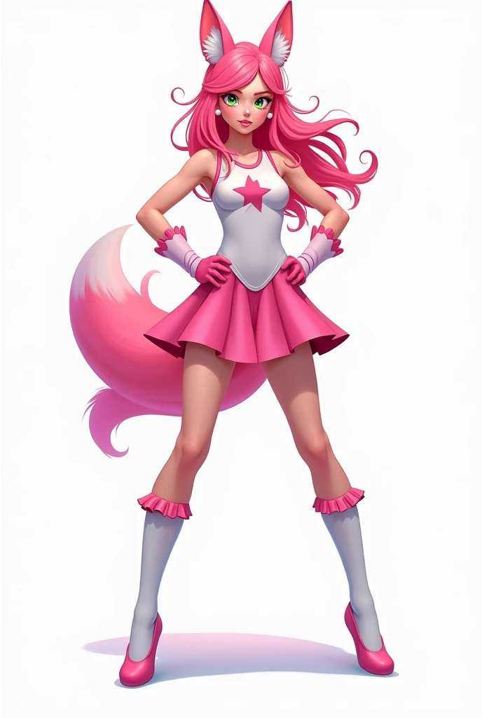 A teenage girl with long, wavy pink hair, pink fox ears and green eyes posing for a photo wearing a superhero uniform. A tight white and pink sleeveless leotard, a short pink layered skirt, with long white socks with pink details. The uniform highlights power and femininity.
white background.
Comic book 2d style.
