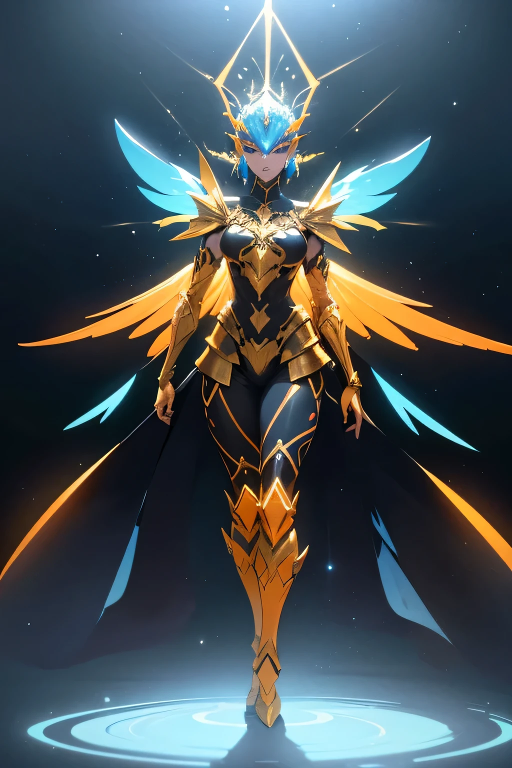 A person is dressed in an elaborate, futuristic costume featuring glowing orange and gold wings. The outfit includes intricate armor with blue and metallic elements, creating a striking contrast against the illuminated wings. The setting is likely a dark studio, emphasizing the vibrant colors and design of the costume, which gives an impression of a powerful, otherworldly character. fly