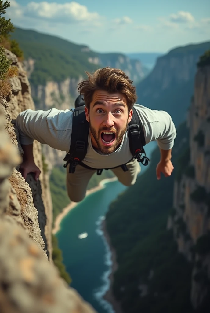 young man with surprised face looking up falling off a cliff and recording a video for YouTube