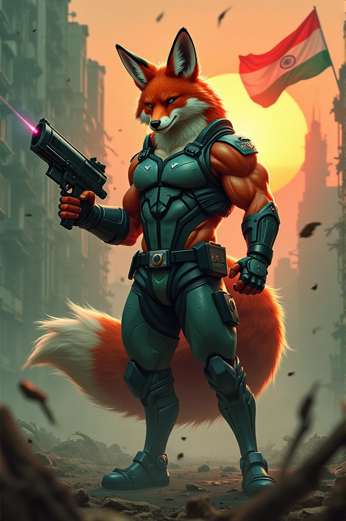 Fox with gun muscle red and green cyberpunk background with Indian flag destroy building and sunset with fog