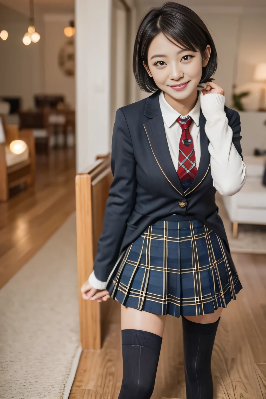  (8k, RAW Photos, Highest quality, masterpiece:1.2、RAW Photos), ((masterpiece:1.4))、((A woman with light black short hair:1.4))、((Wearing a blue plaid pleated skirt:1.4))、((Wearing a tight black suit:1.4))、((Stand in the hotel bedroom))、Sexy Costumes、Stylish and gorgeous, Sexy Costumes, clothing、Sexy look、suit、(suit:1.4))、((Confused expression:1.4))、((Black knee-high socks:1.4))、Ecstatic smile