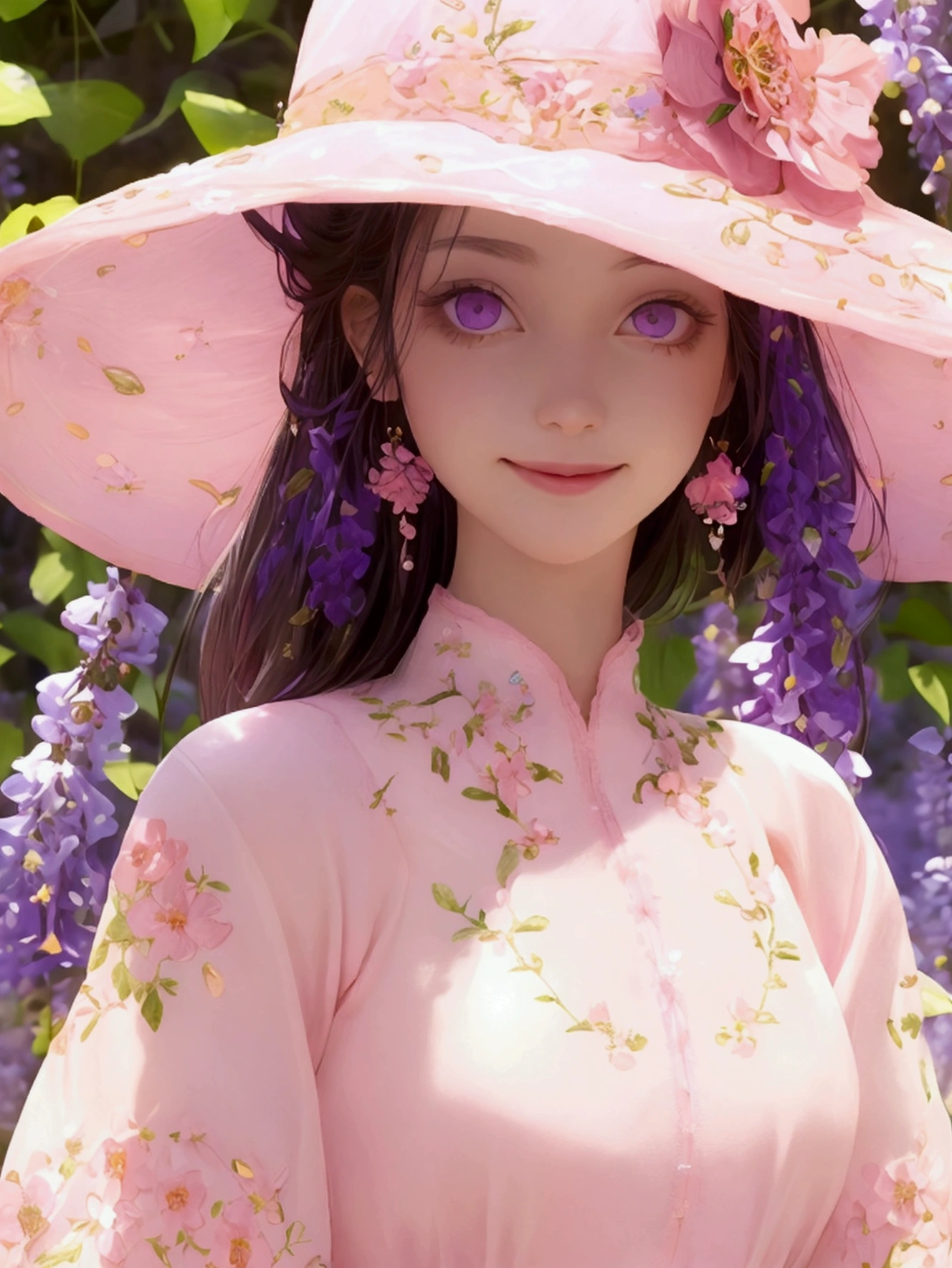 8k, sunny day, floral, happy, smiling, beautiful hat, ((light pink eyes)) embroidery, enchanted, fireflies, purple, wisteria, white-dress, day, beautiful aesthetic dress, sweet looking, midjourney, close-up, niji,