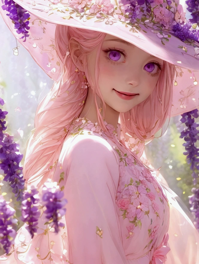 8k, sunny day, floral, happy, smiling, beautiful hat, ((light pink eyes)) embroidery, enchanted, fireflies, purple, wisteria, white-dress, day, beautiful aesthetic dress, sweet looking, midjourney, close-up, niji,
