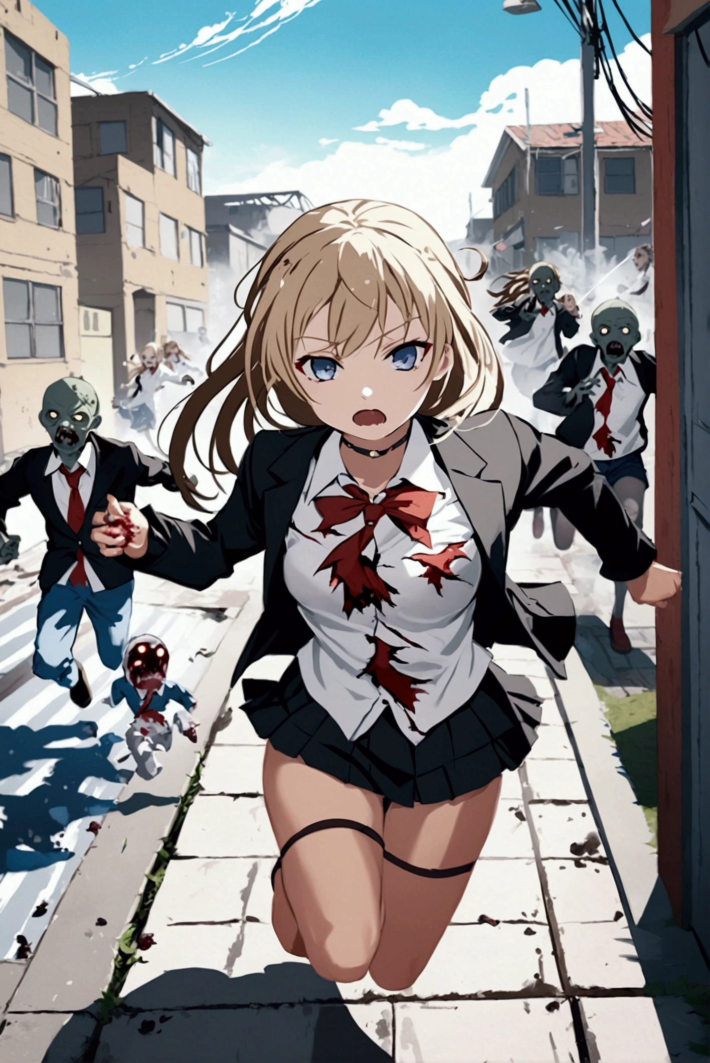 Cute blonde girl in school uniform being chased by zombies