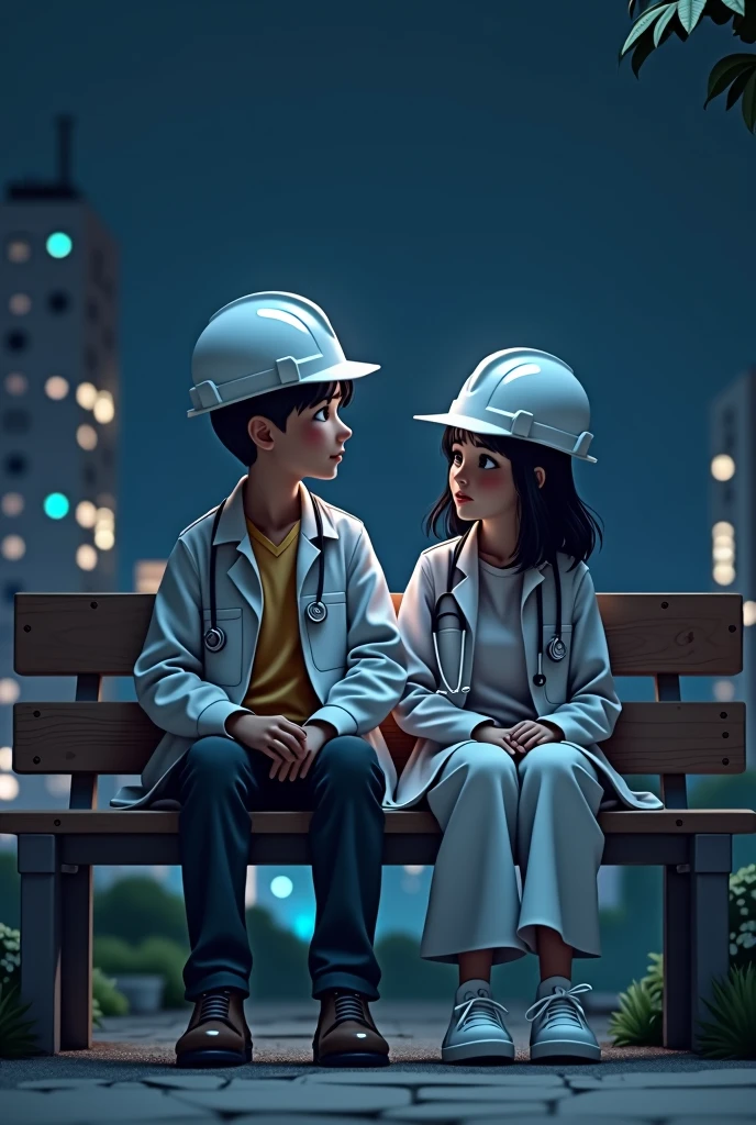 An civil engineer boy with white helmet and doctor girl sitting on the bench at night