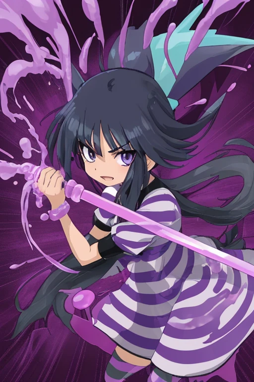 Purple slime pouring down、Striped Pokémon trainer holding a Blacksword
