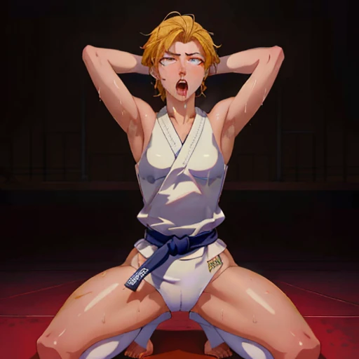 ((((masterpiece, best quality, high resolution)))), Extremely detailed 8K, 1 female, wearing a white Karate gi, (ahegao),white eyes, Small breasts,full body, kneeling, tired, (muscle:1.4), japanese clothes, No underwear,No eyeballs, Facing the audience, looking at the audience, tired, from below, (Exposed armpit:1.1), ((armpit:1.2)), sexy, Sweating, More and more sweat,(ahegao), (Roll your eyes), open mouth, Sticking out tongue, saliva, Slobber,Skinny, raise arms, (arms above head:1.5)(Ultra HD, Ultra-detailed, Highly detailed, Highly realistic, Ultra-realistic, photograph realistic), (1girl:1.5), (Realistic yellow hair), (dynamic poses), facing at camera, looking at viewer, (slightly serious face),(red eyes, sharp eyes), (perky breasts:1.2), (beautiful detailed face, beautiful detailed eyes), ((worn out karate gi)), (preparing for a fight), sweat, glow, (sunbeam, sunlight), ((cowboy shot)), inside a training gym, seductive, EnvyBetterHands LoCon.