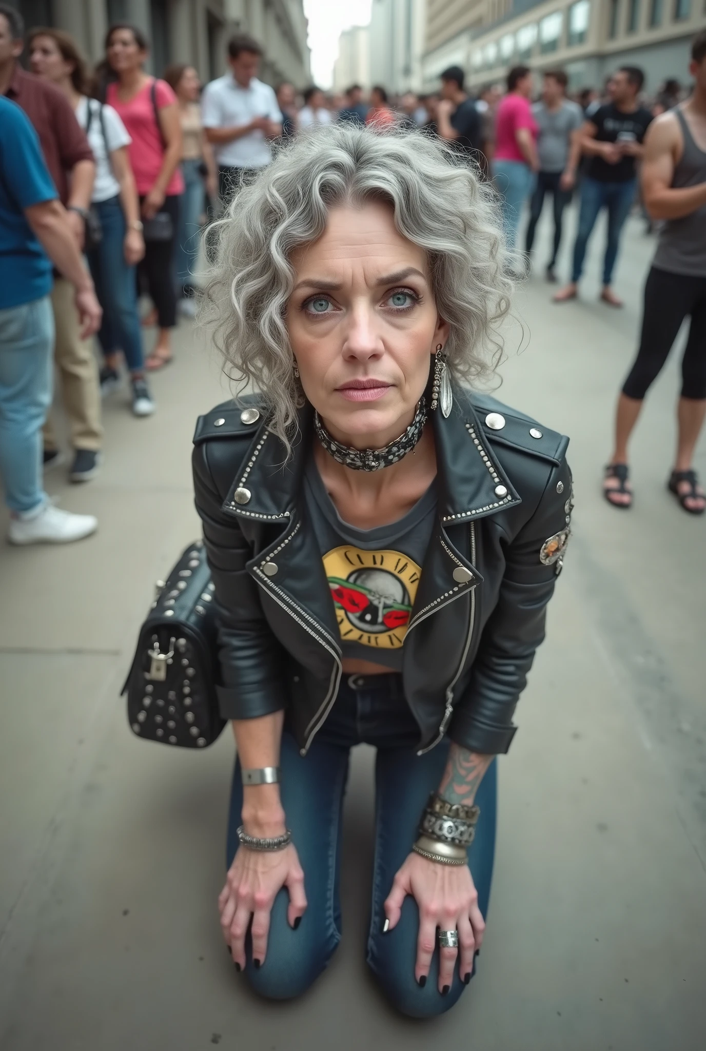 russian old milf woman, curly grey hair, very light blue eyes, extremely pale. Wearing cropped black moto jacket with lots of zippers and pins, t-shirt with guns and roses logo, dark skinny blue jeans and white tennis sneakers  . Lots of metallic bracelets and collars. Tacky wide leather belt with oversized skulls and bones buckle. Long earrings. Kneeling like in a payer, humble attitude  Hands on her knees, thin legs and thin arms. A lot of coloured people around, studded black leather tote bag on the floor,her belongings scattered around. Badeges and pins on jacket. Leather gloves. Tattoed cleavage, hands and arms