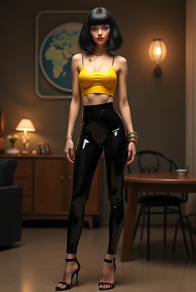 A stylish 50-year-old androginous boy with shoulder-length black bob style 
 hair, wearing a chic latex yellow crop top, high-waisted tight latex gpanties tanga appreciating the male bulge in the groin, and a pair of black high heels sandals, adding a touch of elegance to his outfit, golden metal bracelet. The overall atmosphere of the image is intimate and modern, with a hint female of timeless elegance. Front  sight

