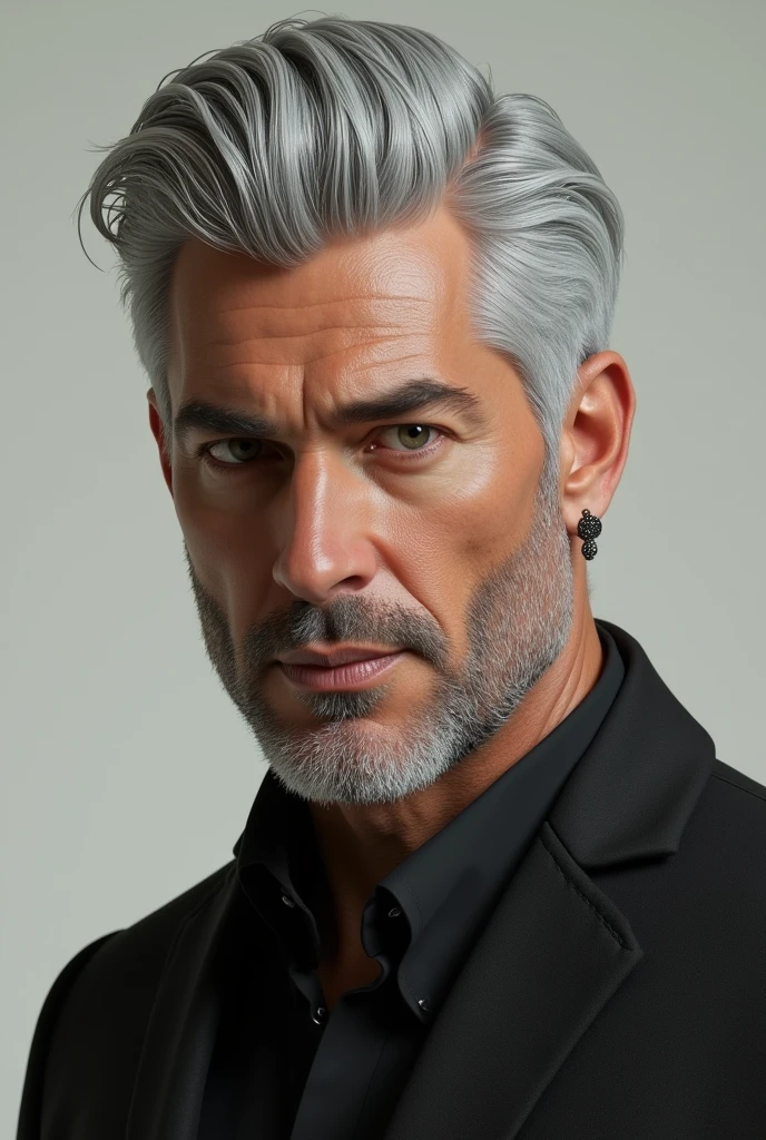 : "A man person with light gray hair styled in a 2:7 split, wearing earrings, with an oval face, high nose bridge, narrow, elongated eyes, and thin lips. Height 1.85m, broad shoulders, and a fit physique."