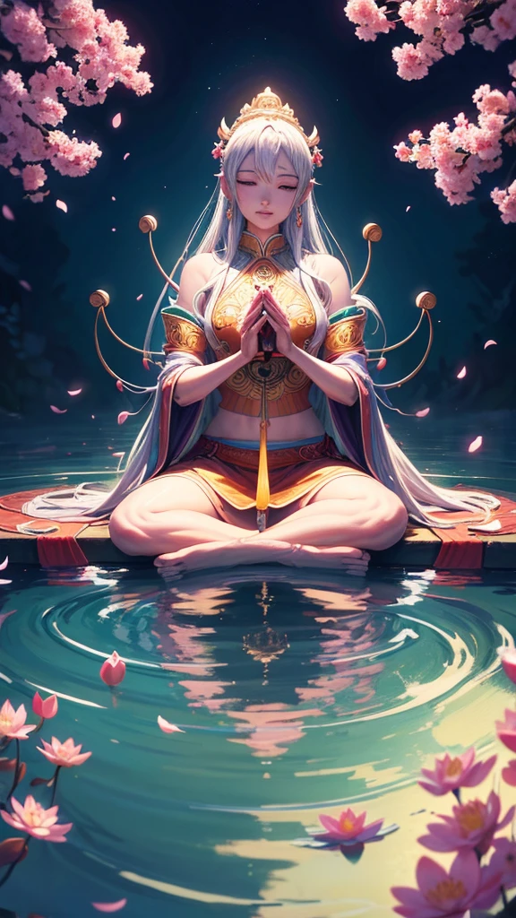 a compassionate bodhisattva avalokiteshvara with multiple arms holding symbols of mercy, serene expression, sitting in lotus position, tranquil garden with cherry blossoms and reflective pond, (best quality,4k,8k,highres,masterpiece:1.2),ultra-detailed,(realistic,photorealistic,photo-realistic:1.37),extremely detailed eyes and face,longeyelashes,stunning colors,divine lighting,digital painting,concept art