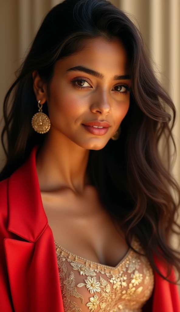 "Create an image of a beautiful Indian girl wearing a stylish top with a vibrant red coat over it. The girl should have eyes similar to Shraddha Kapoor's—large, expressive, and captivating. She should be depicted as the epitome of Indian beauty, with a warm, glowing complexion, long wavy hair, and a face that exudes both innocence and confidence. The background should be soft and elegant to keep the focus on her stunning appearance."