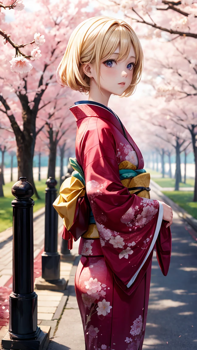 A woman in a kimono stands in front of a tree.,Blonde woman,shiny skin,cherry blossoms,