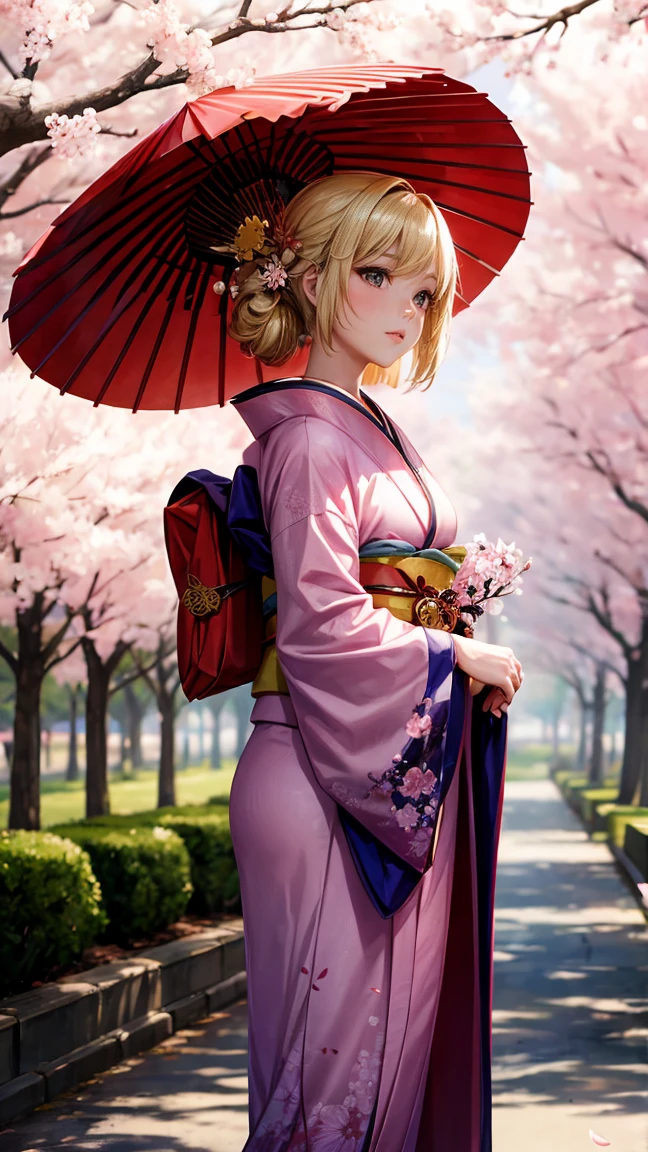 A woman in a kimono stands in front of a tree.,Blonde woman,shiny skin,cherry blossoms,