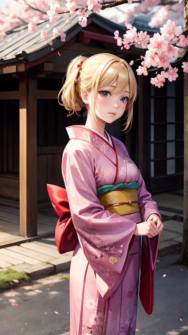 A woman in a kimono stands in front of a tree.,Blonde woman,shiny skin,cherry blossoms,
