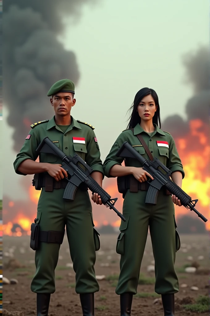 Very detailed realistic photo, 8K, facing front, 2 Indonesian soldiers, male and female, wearing green uniforms with the red and white flag symbol on their chests, carrying machine guns with a fierce battle background and huge explosions behind them, 3D rendering