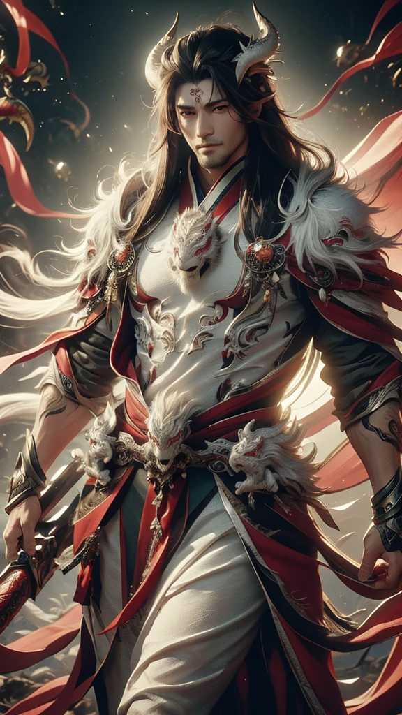 best quality,masterpiece,Ultra-high resolution,photoactual:4:0,Yamagishi,white dragon tiger beast,Teacher spirit,Handsome and handsome,oriental man,long hair shawl,Perfect body,Wearing dragon and tiger jersey,