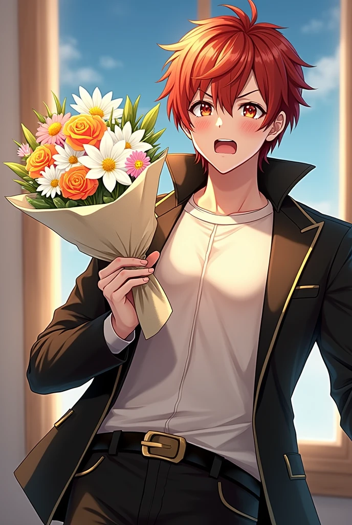 embarrassed face,with a bouquet of flowers in hand 