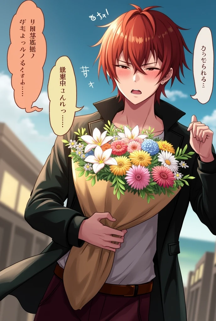 embarrassed face,with a bouquet of flowers in hand