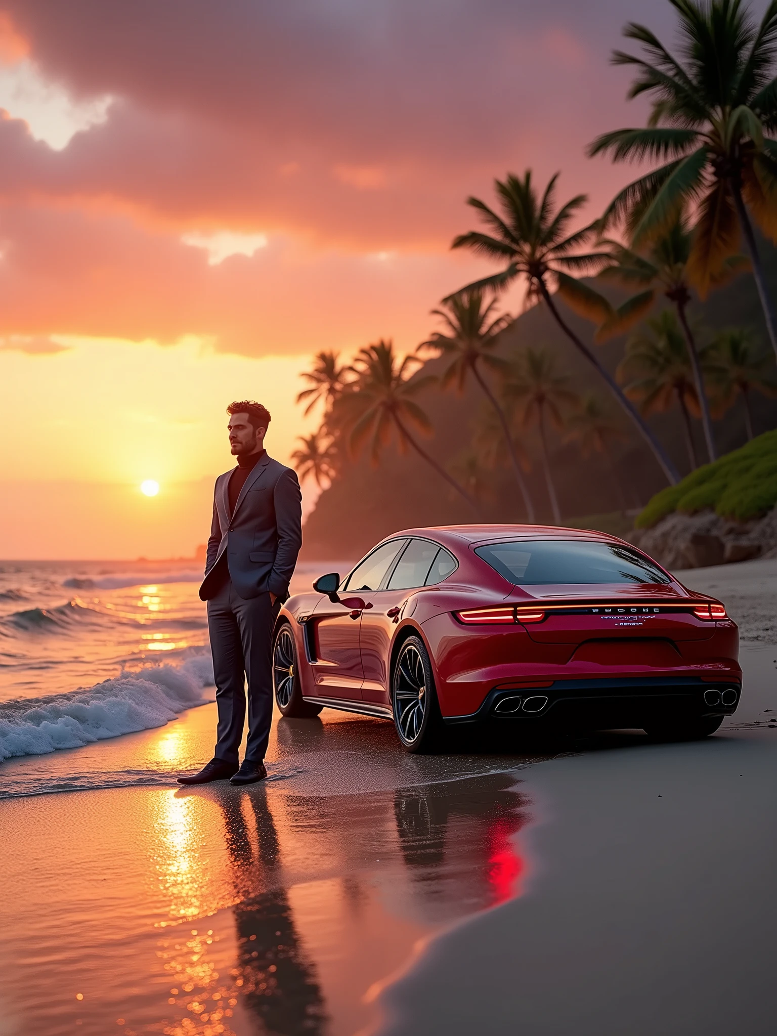 1.0 - Official Launch" Precision - SDXL LoRA" Human Faces - SDXL LoRA" an elegant, Carmine Red Porsche Panamera Turbo S E-Hybrid is parked on a pristine beach, its metallic finish gleaming under the last rays of a magnificent sunset. The sun is just kissing the horizon, casting a golden glow and fiery orange through the calm ocean waters, where gentle waves lap at the shore. The beach is framed by towering palm trees swaying gently in the warm breeze, their shadows stretching towards the car. The sky is a burst of colors - fiery reds, deep purples, and soft pink hues - reflected in the elegant curves of the Porsche, highlighting its luxurious design. The car's 21-inch carbon fiber wheels gleam in the setting sun, while the LED headlights emit a soft, ambient brightness, adding a futuristic touch to the serene landscape. Through the open panoramic sunroof, the beige leather seats of the interior with Carmine Red stitching are slightly visible, perfectly complementing the natural beauty around it. From a distance, André, dressed in a sleek, charcoal gray slim-fit suit, is on the edge of the coast, gazing thoughtfully at the endless ocean, with a gentle breeze catching the hem of his jacket. Your posture is relaxed, a hand casually in the pocket, while the other loosely holds a pair of sunglasses. His expression is calm and contemplative, blending with the tranquility, Still Inspiring, beauty of the scene around you. The camera captures the scene from a low angle, emphasizing both the grandeur of the car and the vastness of the sunset-lit beach. The wide-angle lens (24mm) captures every detail of the car and the vibrant sky, while an f-stop of/2.0 creates a soft bokeh effect, defocusing the background just enough to keep the focus on the car and Andre. The depth of the landscape is accentuated by the shallow depth of field, with a slow, panoramic camera movement that capt