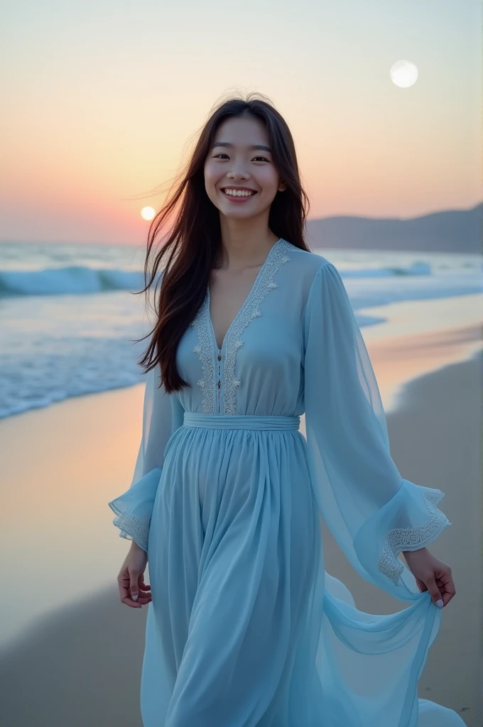 full body photo of an Asian girl aged 25. Her face is beautiful, wearing a light blue dress robe with beautiful accents on it. Her hair is straight and long, a bit fat. She was walking happily on the beach, her footprints were visible on the sand. twilight atmosphere when the sun sets and the moon begins to appear