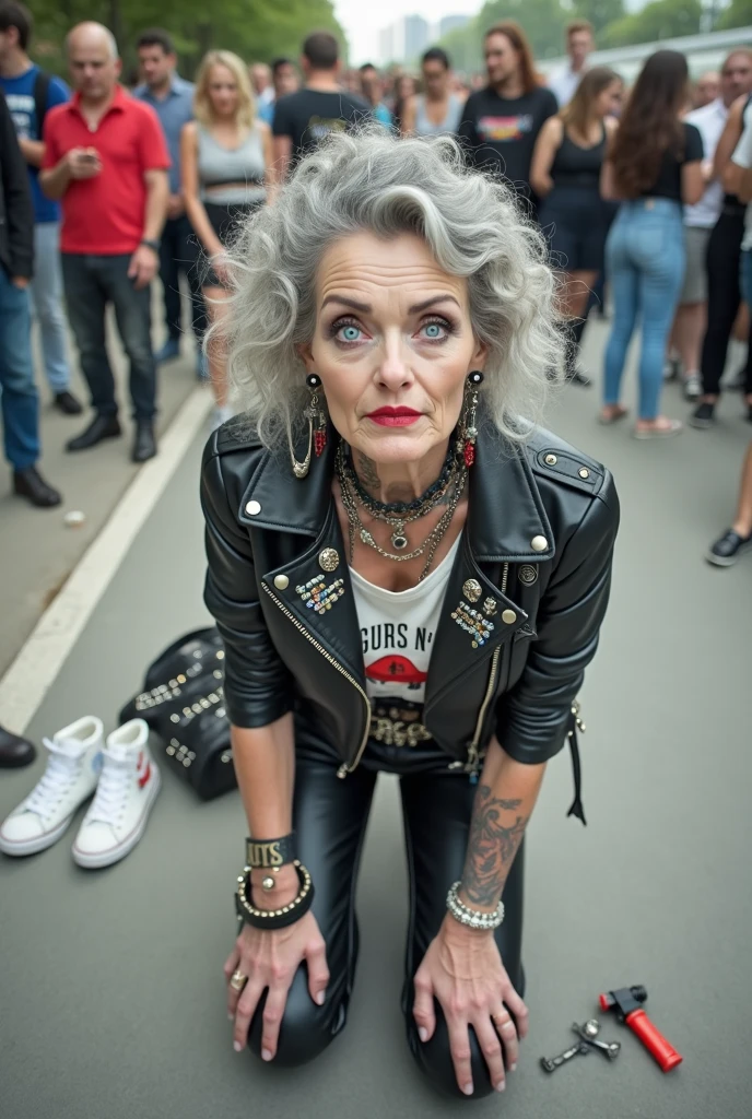 russian old milf woman, curly grey hair, very light blue eyes, extremely pale. Wearing cropped black moto jacket with lots of zippers and pins, t-shirt with guns and roses logo, shiny skinny leather jeans and white tennis sneakers . Lots of metallic bracelets and collars. Tacky wide leather belt with oversized skulls and bones buckle. Long earrings. Kneeling like in a payer, humble attitude Hands on her knees, thin legs and thin arms. A lot of coloured people around, studded black leather tote bag on the floor,her belongings scattered around. Badeges and pins on jacket. Leather gloves. Tattoed cleavage, hands and arms