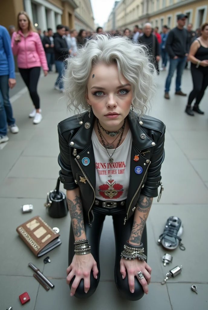 russian old milf woman, curly grey hair, very light blue eyes, extremely pale. Wearing cropped black moto jacket with lots of zippers and pins, t-shirt with guns and roses logo, shiny skinny leather jeans and white tennis sneakers  . Lots of metallic bracelets and collars. Tacky wide leather belt with oversized skulls and bones buckle. Long earrings. Kneeling like in a payer, humble attitude  Hands on her knees, thin legs and thin arms. A lot of coloured people around, studded black leather tote bag on the floor,her belongings scattered around. Badeges and pins on jacket. Leather gloves. Tattoed cleavage, hands and arms