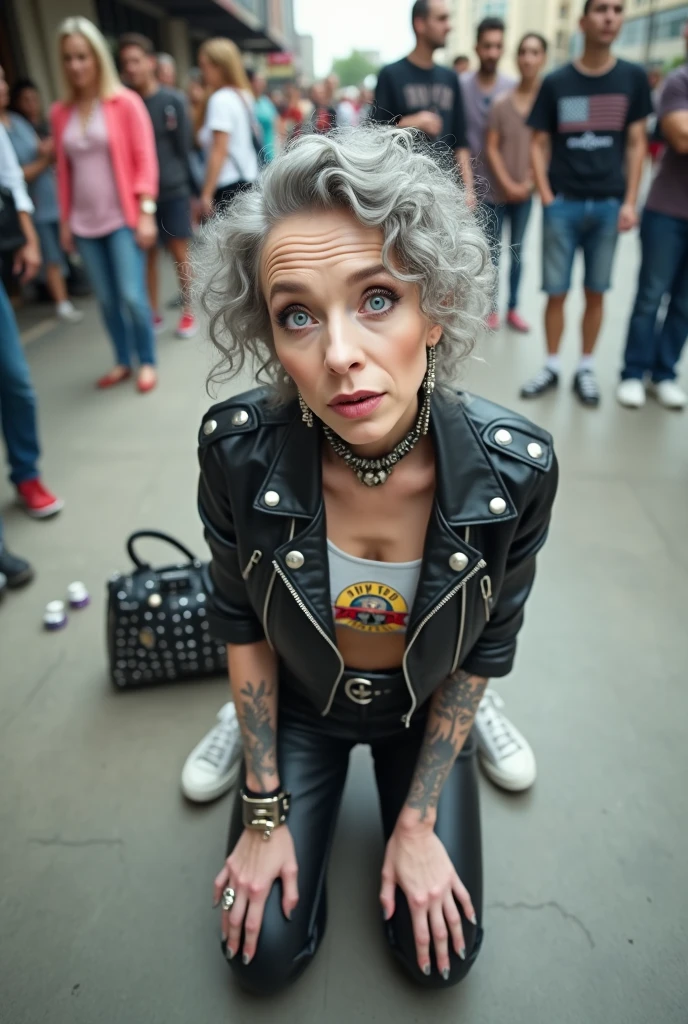 russian old milf woman, curly grey hair, very light blue eyes, extremely pale. Wearing cropped black moto jacket with lots of zippers and pins, t-shirt with guns and roses logo, shiny skinny leather jeans and white tennis sneakers . Lots of metallic bracelets and collars. Tacky wide leather belt with oversized skulls and bones buckle. Long earrings. Kneeling like in a payer, humble attitude Hands on her knees, thin legs and thin arms. A lot of coloured people around, studded black leather tote bag on the floor,her belongings scattered around. Badeges and pins on jacket. Leather gloves. Tattoed cleavage, hands and arms