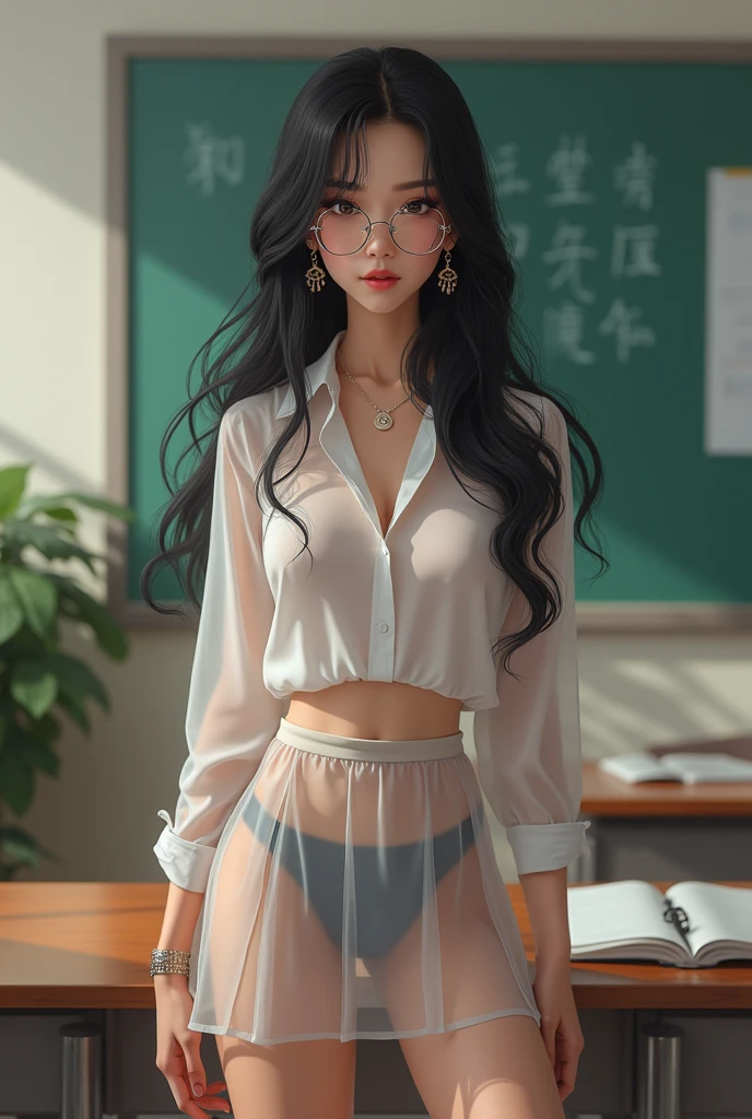 (best quality)), ((Art)), (detailed), perfect face, ((best quality, 8K, Art: 1.3)), Highly detailed face and skin texture, Detailed eyes, Double eyelid, Black hair, Bangs, Hair behind the ear, Very long hair, Jewelry, Earrings, Adult woman, High school teacher, Short transparent skirt and white transparent blouse, Full body view, Good figure, Alone in the classroom, In class, Glasses, Sharp focus A beautiful woman with a perfect body