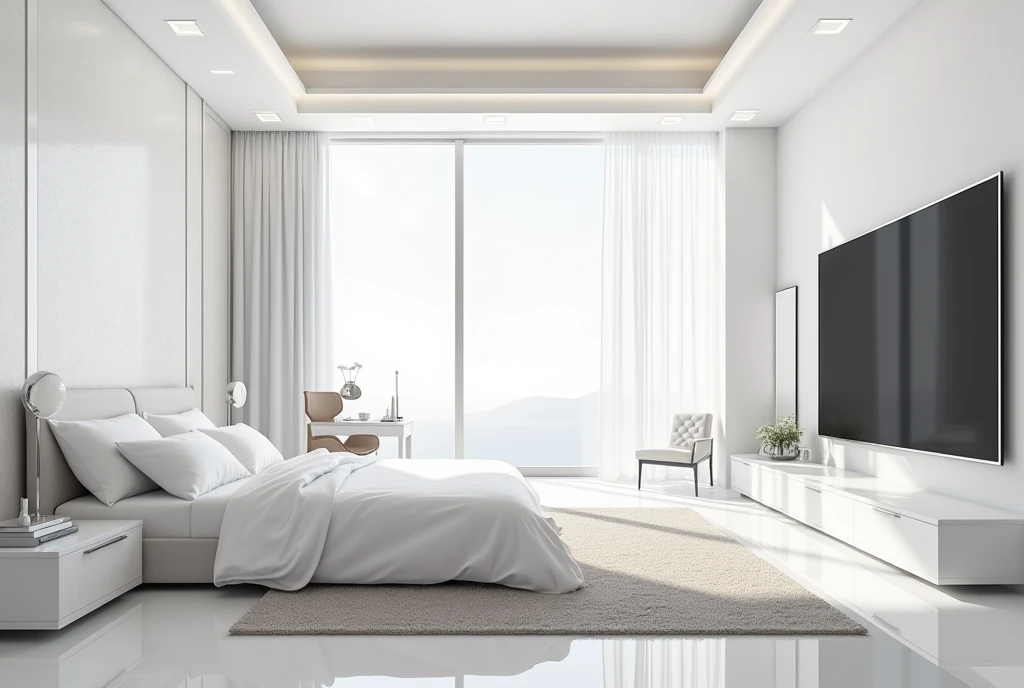 A large white room, big bed, giant TV, ceiling lamp, full-length mirror, vanity table for makeup