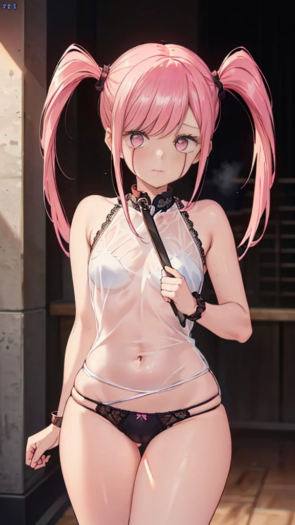 Very beautiful girl, See through,Beautiful and fair、Beautiful Skin、Glowing Skin, bright, Refreshing and gentle look, Perfect beautiful face、Beautiful shiny bangs, Small breasts,Lace dress,See through,(((女性のためのsexyな透明なパンティー,Hola,seamless,Low waist,Plain,Quick-drying underwear,sexy))),(To look directly at the crotch.),(Tea-colored hair with a pink ribbon and twin tails:1.23),(((ベルトとストラップ付きのFor women下着セット,Metal Chain,sexyなランジェリー,4 Piece Set,Porn Wear,Nightclub Temptation,For women))),((Underwear is transparent level 45%)),((50% chance of wearing thin underwear%))