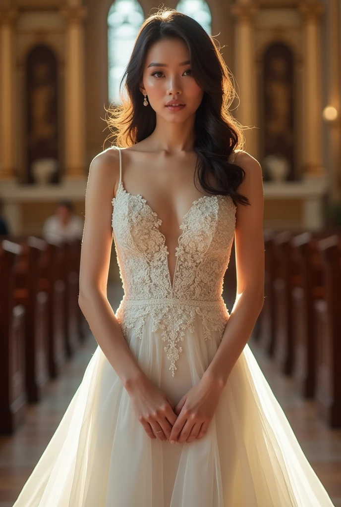 extremely beautiful asian woman, wearing wedding clothes, full body portrait, front angle, curvy woman body shape, (small sized tits:1.2), (small sized tits:1.2), inside the church, (smooth skin:1.5), extremely detailed, (32k, RAW photo, UHD:1.2, captured by Hasselblad X2D), ultra detailed, ultra high resolution