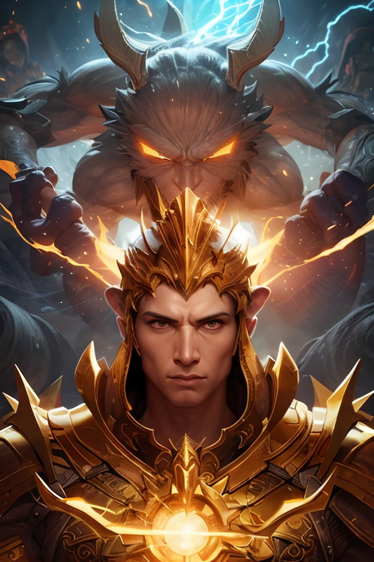 Mythology Battle Gods,monkey,Detailed facial features,Complex armor,Dynamic poses,Glowing energy effect,Dramatic Lighting,Highly detailed,8k,award winning digital art,Film composition,Vibrant colors,masterpiece
