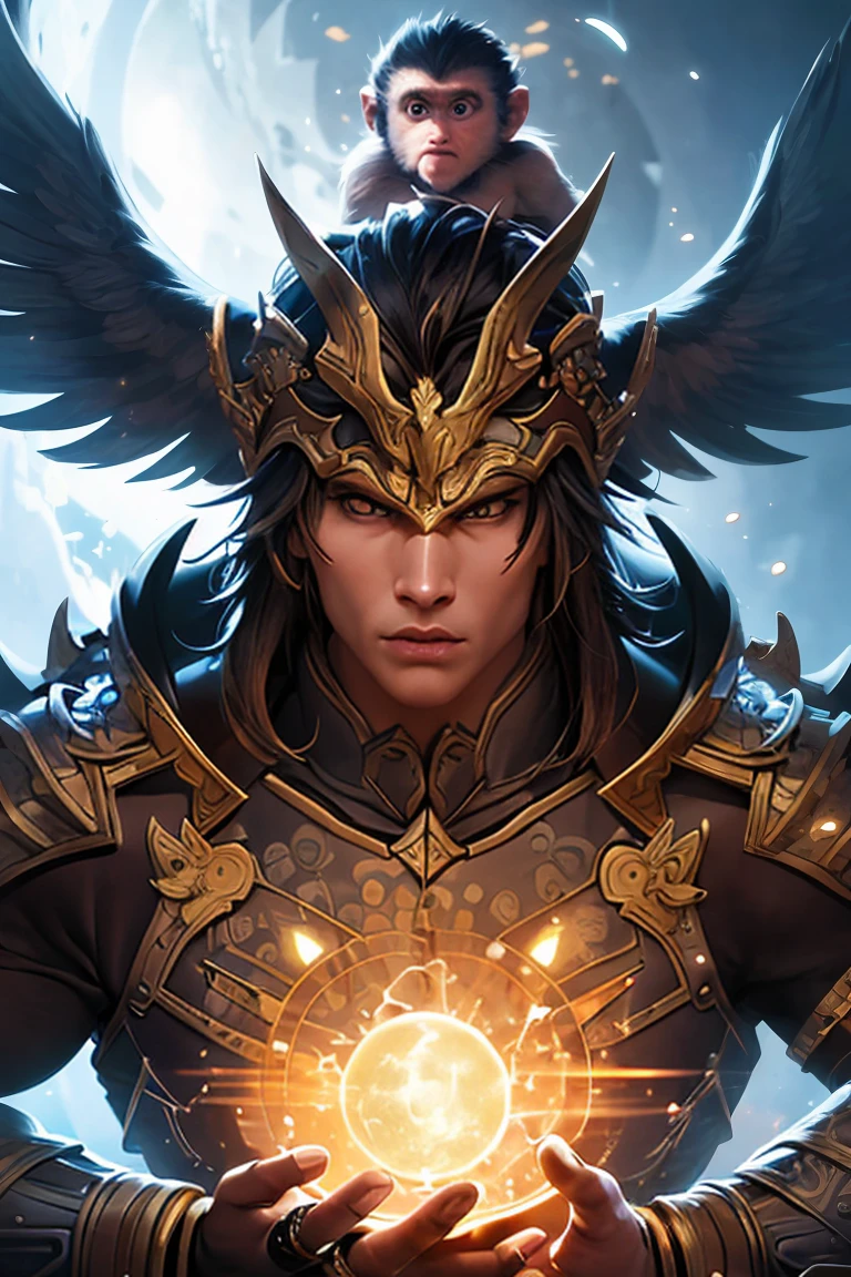 Mythology Battle Gods，monkey，Detailed facial features，Complex armor，Dynamic poses，Glowing energy effect，Dramatic Lighting，Highly detailed，8k，award winning digital art，Film composition，Vibrant colors，masterpiece