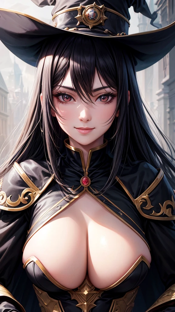 masterpiece, best quality, high resolution, closeup portrait, a female, black hair, black magician, black magician clothes, amazing composition, front view, HDR, ultra quality, elegant, highly detailed, mature woman, beautiful lady, smile, Long hair without bangs