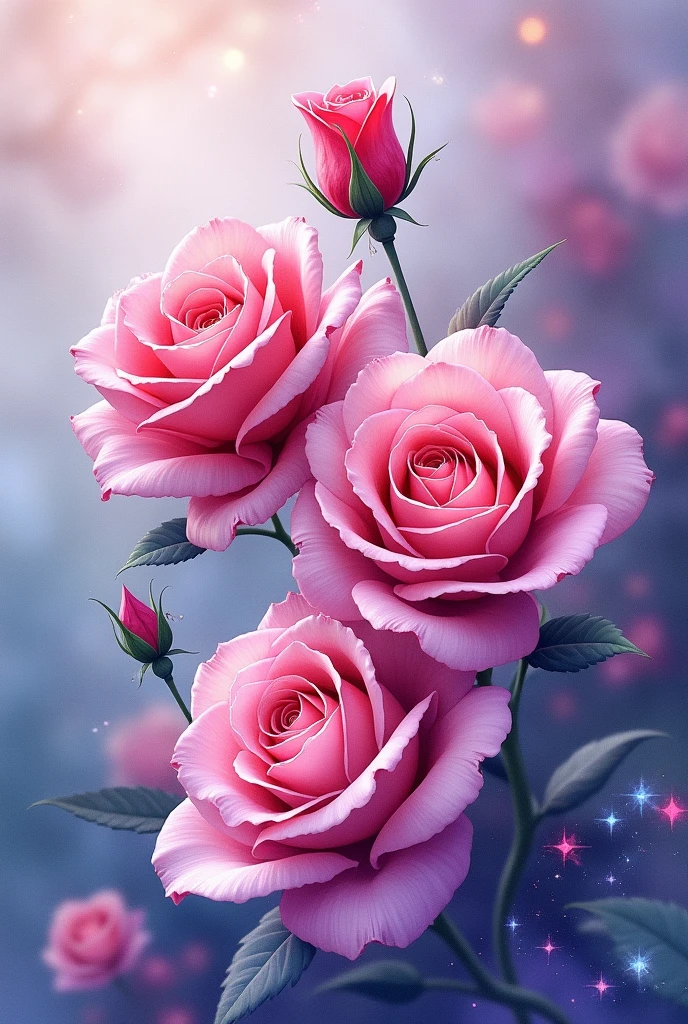 bright ornamental watercolour rendering of a magical roses flowers,