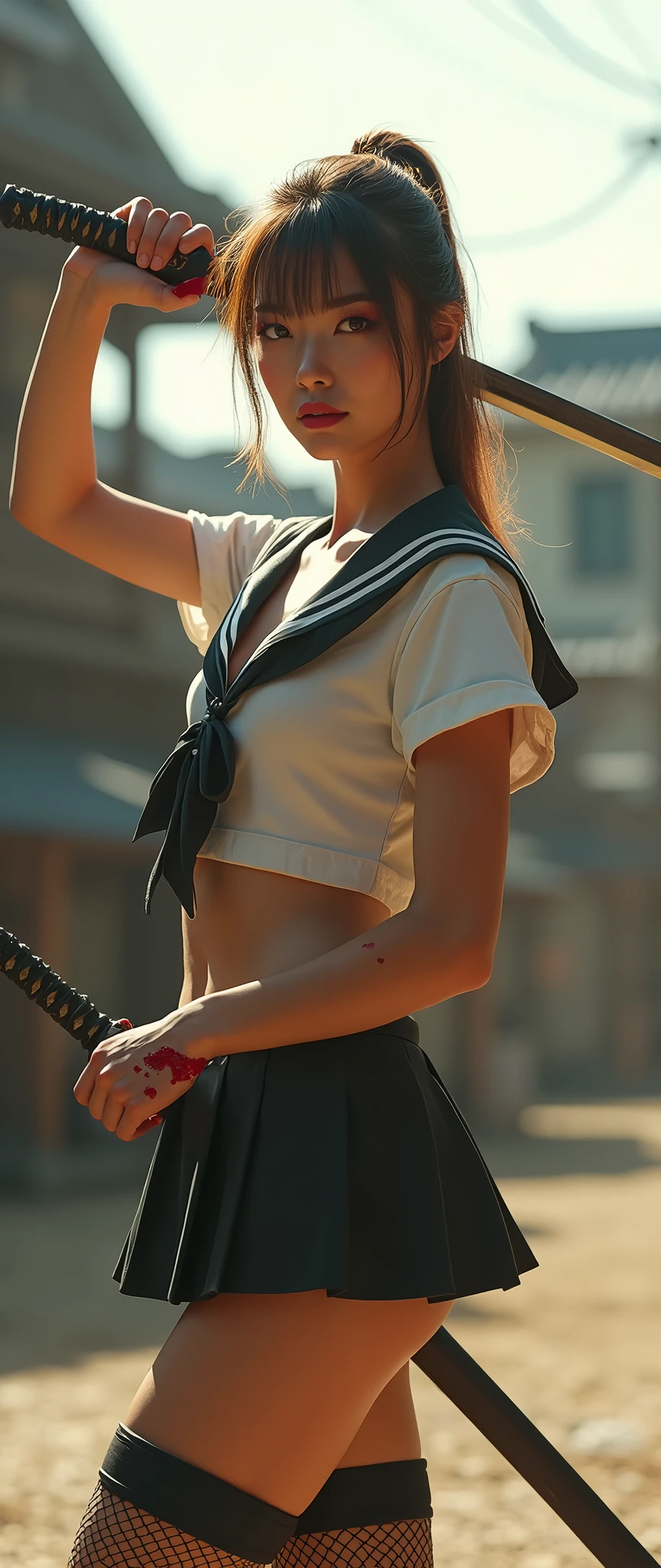 Browsing Caution:-2, Realistic, legs apart:1.21, photorealistic realism, Portrait of a Japanese woman with a Japanese sword:1.21, Elegant appearance, Cool woman, Cute Japanese woman'顔:1.21, Beautiful Japanese woman face:1.21, (She is brandishing a Japanese sword.:1.5), Female Swordsman, There's a lot of blood on her body.:1.21, Confident face, (Above the knee shot.:1.21), (Realistic photos:1.4), (masterpiece, Highest quality:1.2), RAW Photos, 32K High Resolution, Intricate details,Very detailed, (Flat Chest:1.21), Gazing at the audience, Tight waist, Cute 顔, Light brown hair, (Low ponytail hair:1.21), With drooping bangs, School uniforms, Sailor uniforms from famous Tokyo Metropolitan High Schools, Short sleeve clothing, Short-sleeved sailor uniform:1.21, sera fuku:1.21, The upper body is wearing a uniform:1.21, Show me your belly:1.21, Micro Mini Skirt:1.21, White panties, Knee-high fishnet stockings, Long Boots Bust Top Float, Sharp eyebrows:1.37, Pink lipstick:0.95, Detailed face, Hostility, Pale skin:1.21, Fine skin, Glowing Skin:1.21, On the outdoor set of a historic film studio, On a set of wide city streets, A set of old Japanese houses in the background, Sunny daytime, Rays of light run through her body:1.37, Ray Tracing, Emotional, Dynamic and cinematic lighting, Browsing Caution:-2