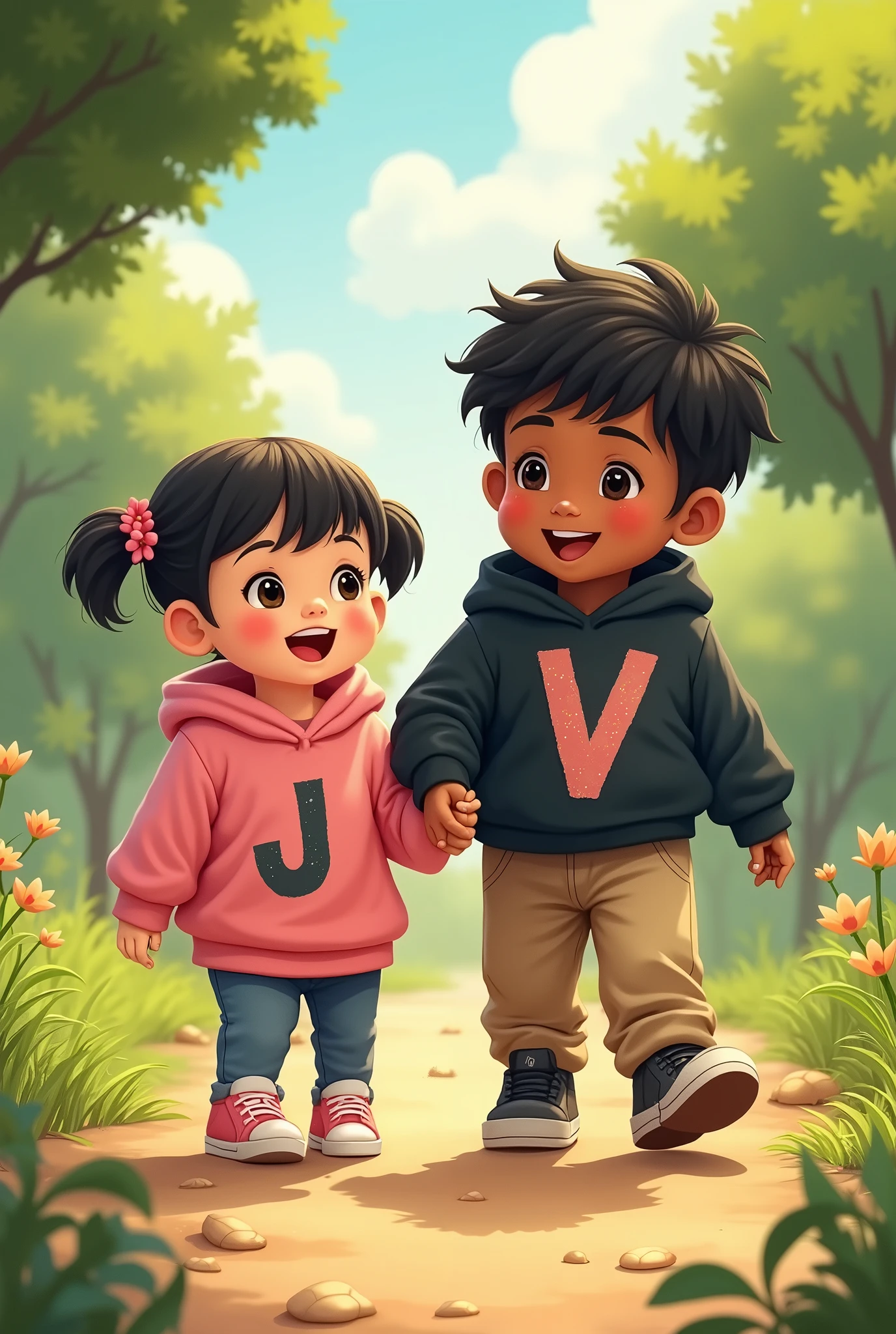Chubby blonde girl with short black hair, with a pink sweatshirt with the letter J next to a tall, chubby, dark-skinned boy with black hair,with a black sweatshirt with the letter V in a park in San Cristóbal de las Casas, Chiapas
