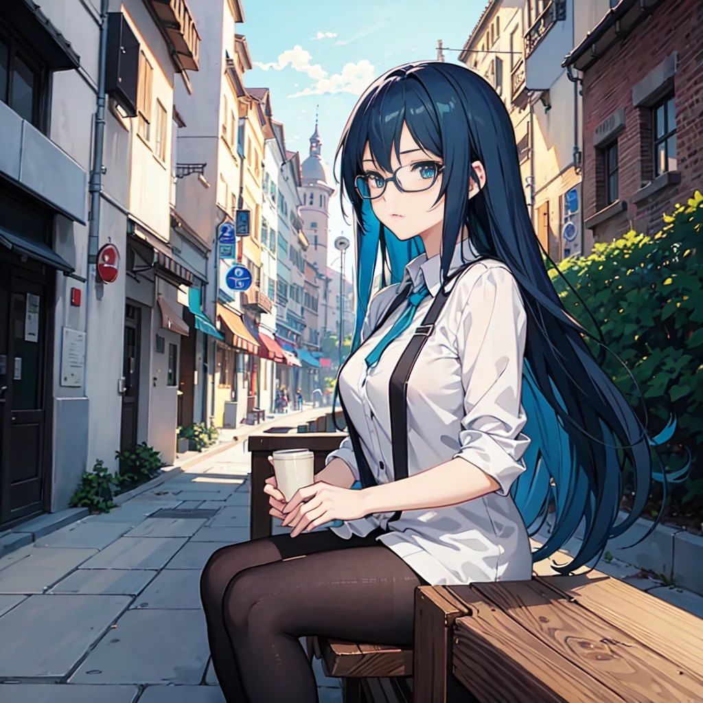 a girl with blue hair and glasses sitting on a sidewalk, detailed digital anime art, anime moe art style, artwork in the style of guweiz, anime style 4k, digital anime art, anime style digital art, digital anime illustration, beautiful and detailed anime art, 2d anime style, beautiful anime portrait, guweiz, beautiful anime art style