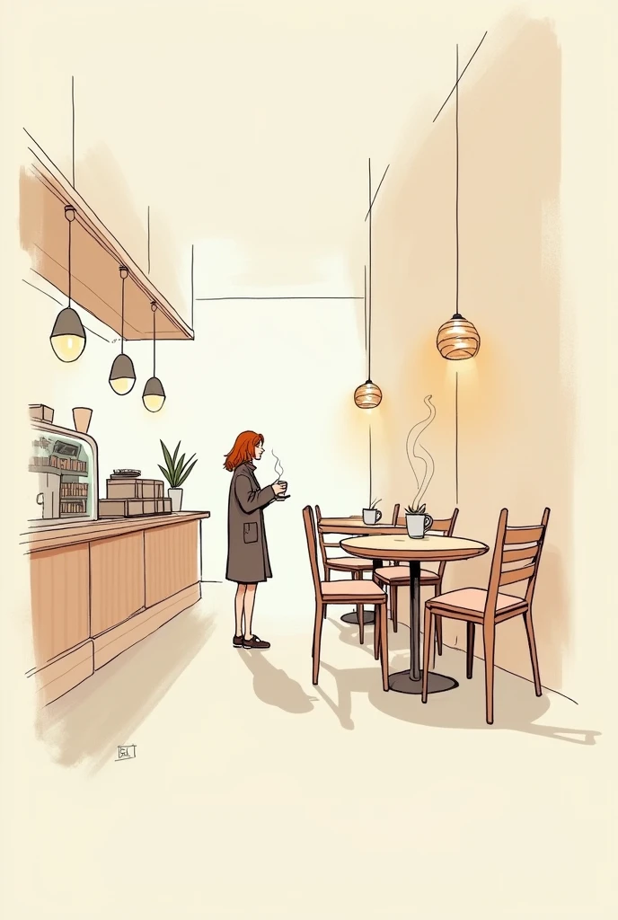 Create abstract sketches of going into a cafe and having coffee 