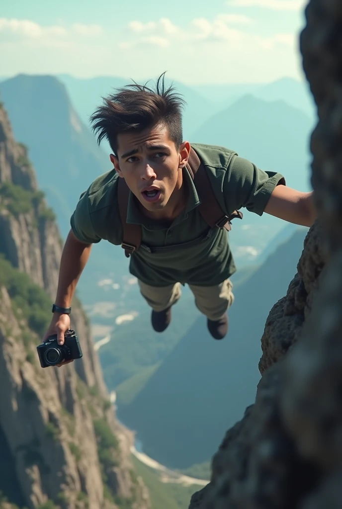 view from above, young man with surprised face looking up falling off a cliff and recording a video for YouTube