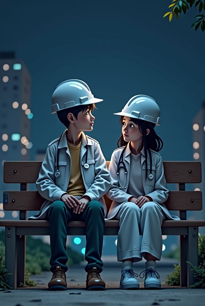 An civil engineer boy with white helmet and doctor girl sitting on the bench at night
