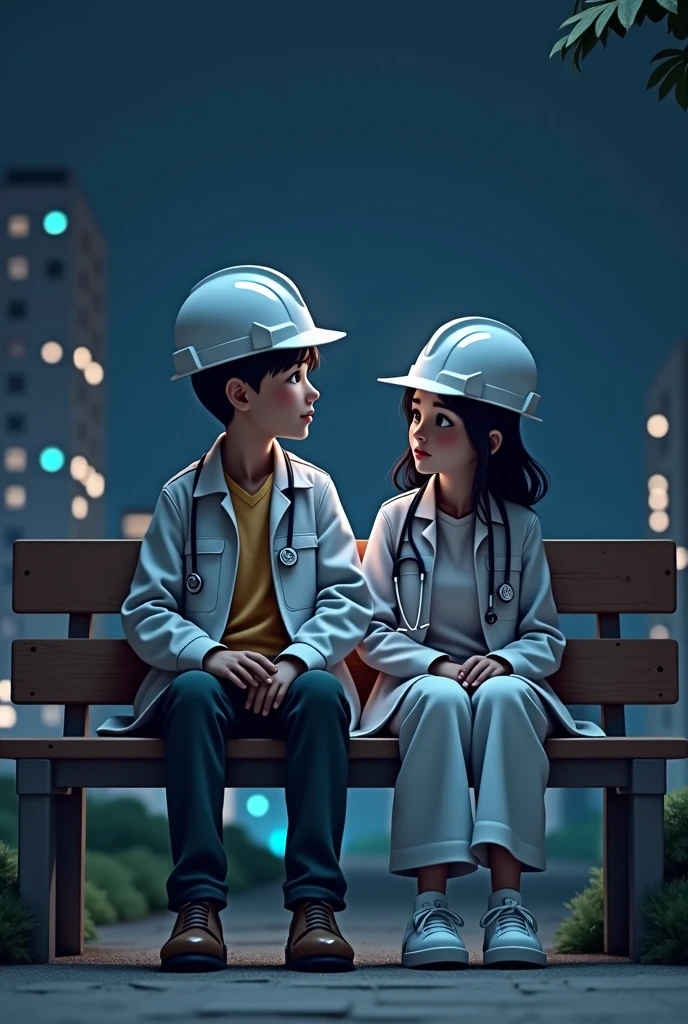 An civil engineer boy with white helmet and doctor girl sitting on the bench   at night